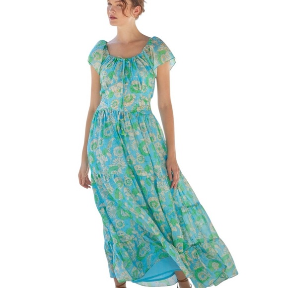 bella tu Dresses & Skirts - NWT Bella tu Nina Flutter-Sleeve Tie-Waist Maxi Dress Aqua Green Floral medium